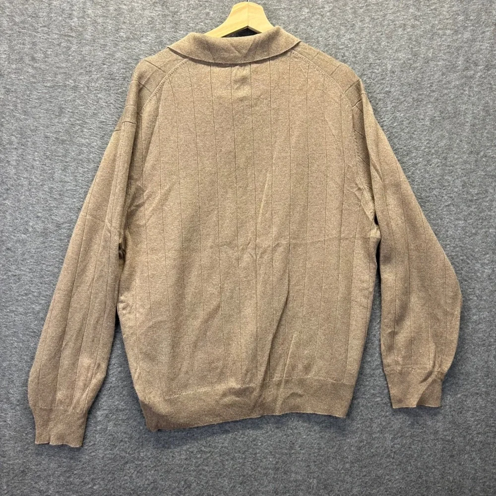 Turnbury Mens XXL Silk Cashmere Ribbed Polo Sweater Tan Brown Long Sleeve XL
